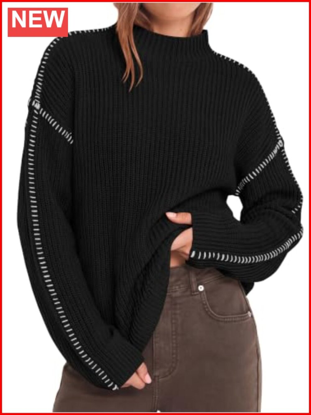 Oversized Chunky Knit Sweater Mock Neck Drop Shoulder Loose Fit Pullover